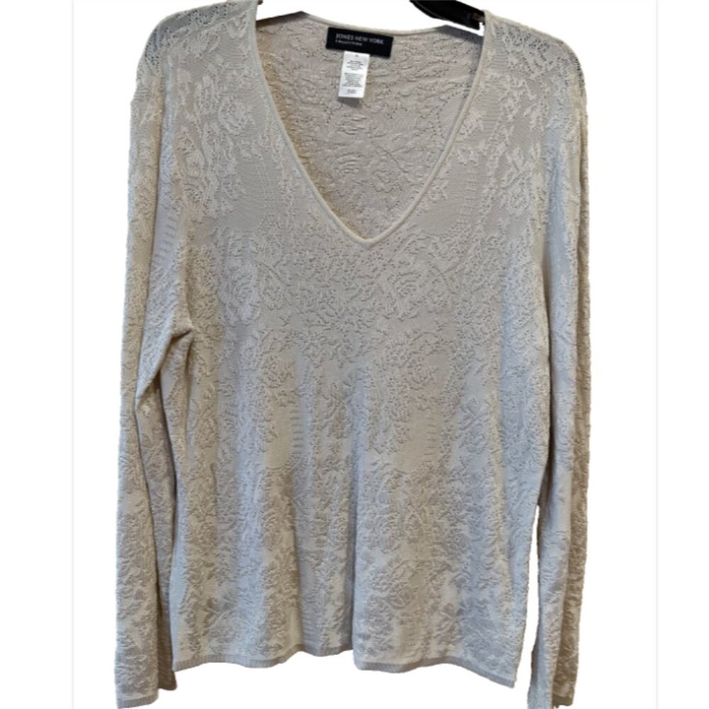 Jones New York Signature Lace Stretch Top Cream Long Sleeve Career XLARGE NWT